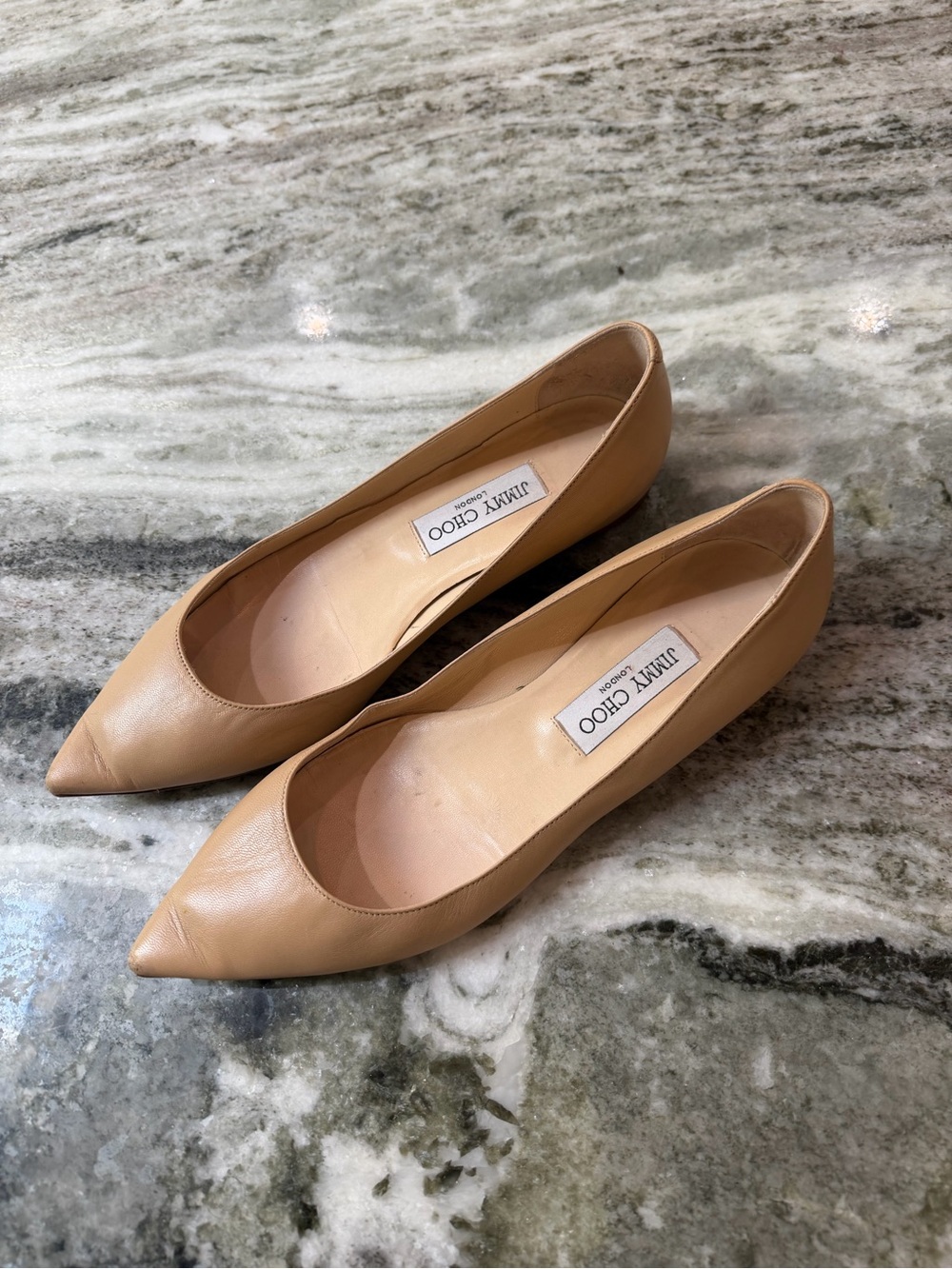 Jimmy Choo Beige Pointed-Toe Leather Flats